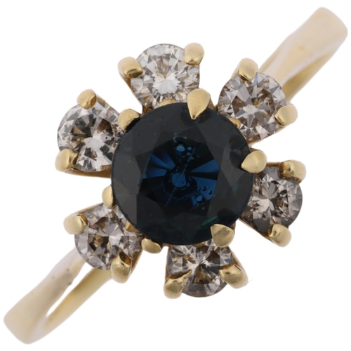 1274 - An 18ct gold sapphire and diamond flowerhead cluster ring, total diamond content approx 0.4ct, setti... 