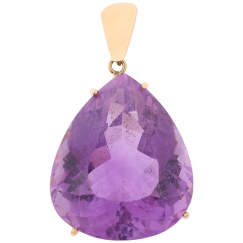 1275 - A 14ct gold amethyst drop pendant, set with 28ct pear-cut amethyst, 33.4mm, 6.8g