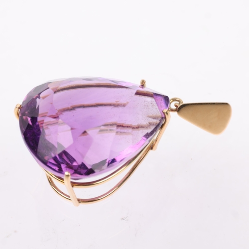 1275 - A 14ct gold amethyst drop pendant, set with 28ct pear-cut amethyst, 33.4mm, 6.8g