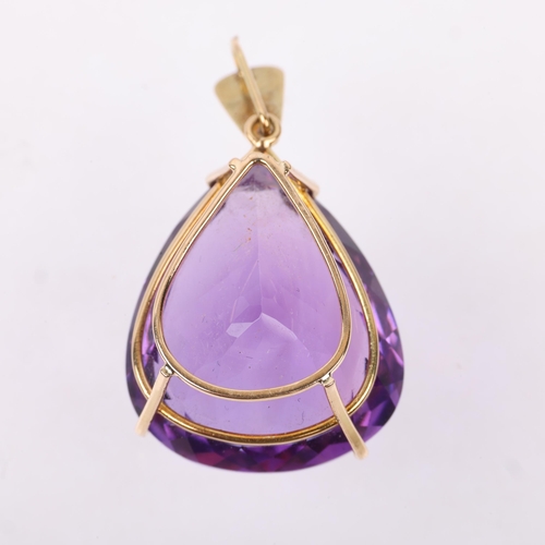 1275 - A 14ct gold amethyst drop pendant, set with 28ct pear-cut amethyst, 33.4mm, 6.8g