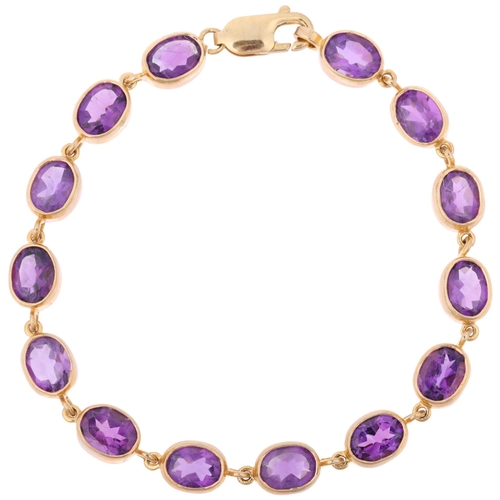 1276 - A modern 9ct gold amethyst tennis line bracelet, rub-over set with oval mixed-cut amethysts, 19cm, 1... 