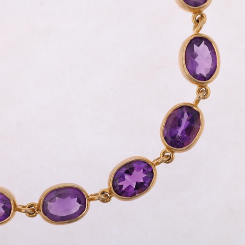 1276 - A modern 9ct gold amethyst tennis line bracelet, rub-over set with oval mixed-cut amethysts, 19cm, 1... 