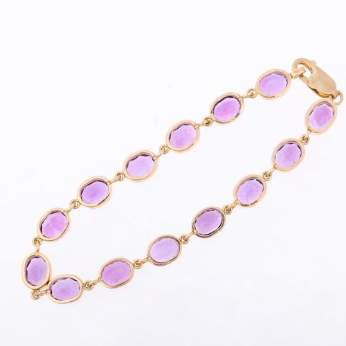 1276 - A modern 9ct gold amethyst tennis line bracelet, rub-over set with oval mixed-cut amethysts, 19cm, 1... 