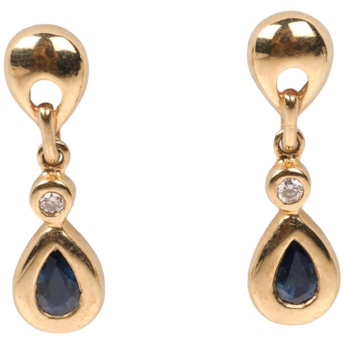 1278 - A pair of 9ct gold sapphire and diamond drop earrings, with stud fittings, 22.1mm, 2.1g