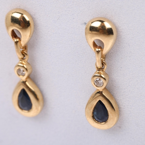 1278 - A pair of 9ct gold sapphire and diamond drop earrings, with stud fittings, 22.1mm, 2.1g