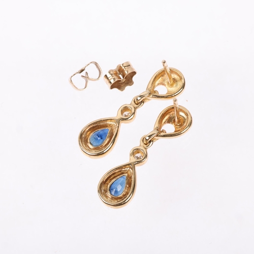 1278 - A pair of 9ct gold sapphire and diamond drop earrings, with stud fittings, 22.1mm, 2.1g