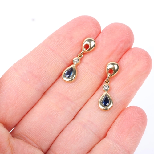 1278 - A pair of 9ct gold sapphire and diamond drop earrings, with stud fittings, 22.1mm, 2.1g