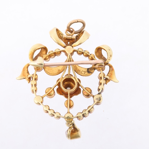 1279 - An Edwardian 15ct gold split pearl and diamond openwork ribbon pendant/brooch, 38.5mm, 6g