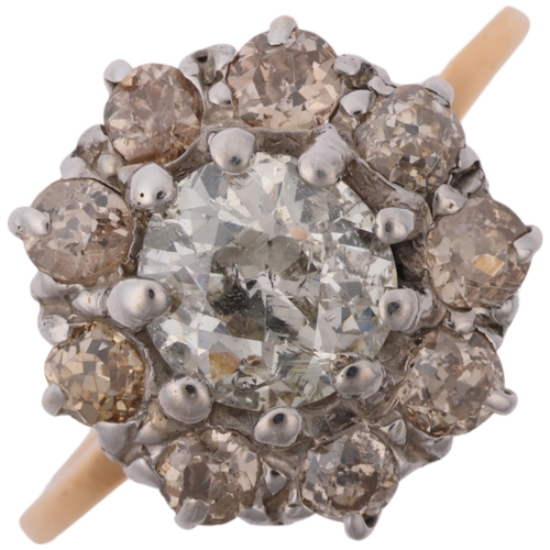 1282 - An early 20th century diamond flowerhead cluster ring, centrally claw set with 1ct old European-cut ... 