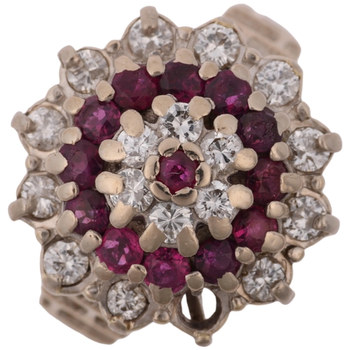 1283 - A late 20th century 18ct white gold ruby and diamond flowerhead cluster ring, maker J Ltd, London 19... 