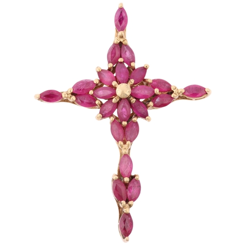 1284 - A modern 9ct gold ruby cross pendant, indistinct hallmarks, set with marquise-cut rubies, 45.2mm, 5.... 