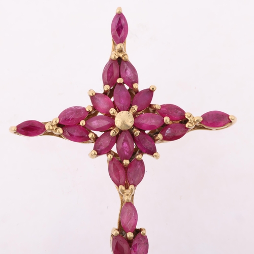 1284 - A modern 9ct gold ruby cross pendant, indistinct hallmarks, set with marquise-cut rubies, 45.2mm, 5.... 