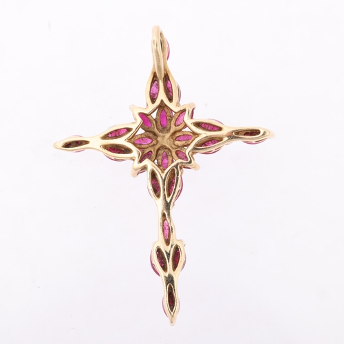 1284 - A modern 9ct gold ruby cross pendant, indistinct hallmarks, set with marquise-cut rubies, 45.2mm, 5.... 