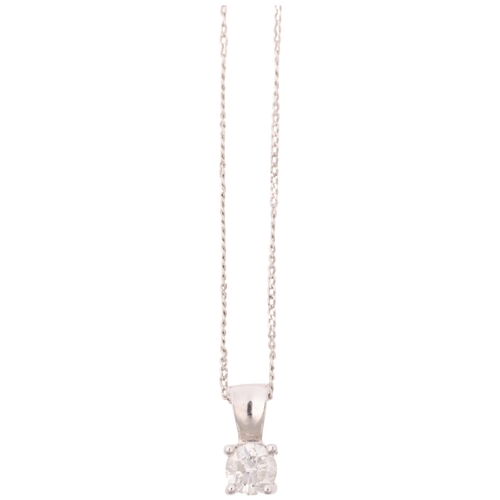 1285 - A modern 9ct white gold 0.25ct solitaire diamond pendant necklace, on 9ct white gold fine curb link ... 