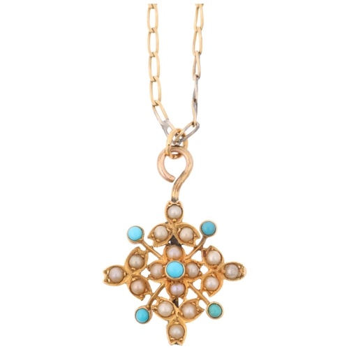 1287 - A Victorian 18ct gold turquoise and pearl floral openwork pendant necklace, on 9ct long curb link ch... 