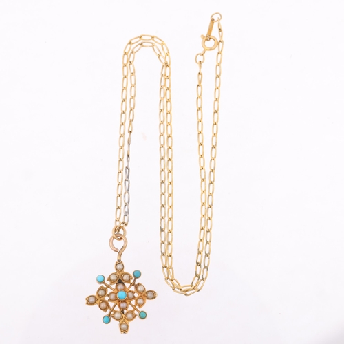 1287 - A Victorian 18ct gold turquoise and pearl floral openwork pendant necklace, on 9ct long curb link ch... 