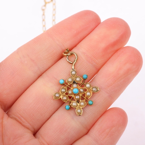 1287 - A Victorian 18ct gold turquoise and pearl floral openwork pendant necklace, on 9ct long curb link ch... 