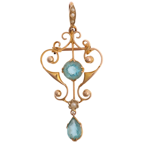 1288 - An Edwardian 9ct gold blue paste and pearl openwork pendant/brooch, 48.9mm, 3g