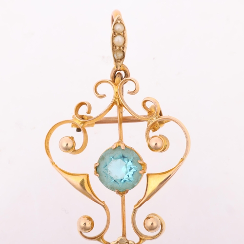 1288 - An Edwardian 9ct gold blue paste and pearl openwork pendant/brooch, 48.9mm, 3g