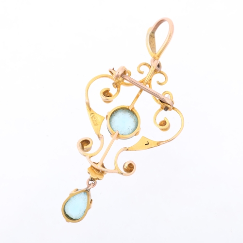 1288 - An Edwardian 9ct gold blue paste and pearl openwork pendant/brooch, 48.9mm, 3g