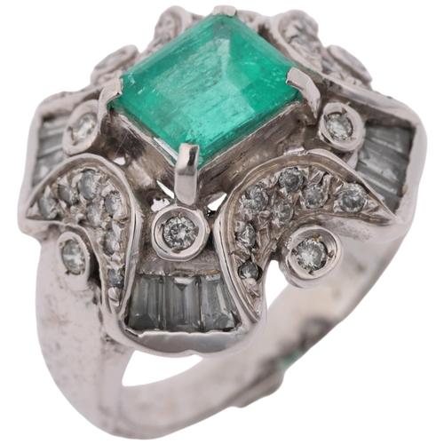 1289 - A large Continental 18ct white gold emerald and diamond cocktail ring, centrally claw set with 1.8ct... 