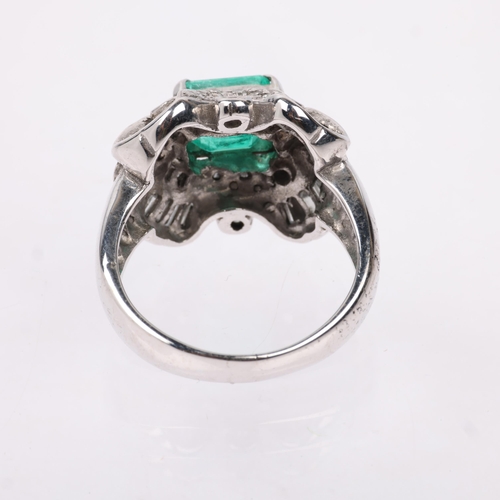 1289 - A large Continental 18ct white gold emerald and diamond cocktail ring, centrally claw set with 1.8ct... 