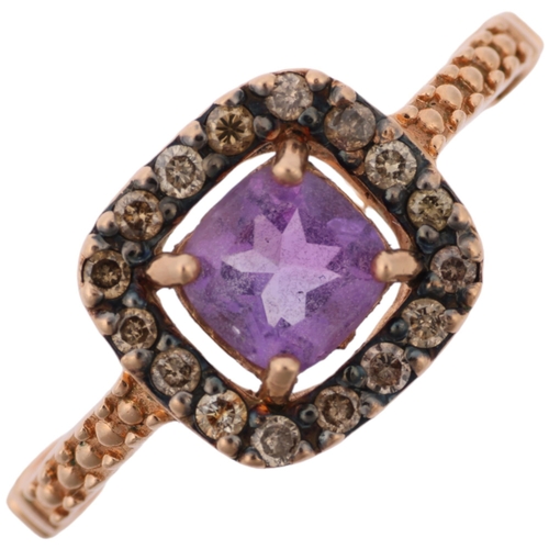 1291 - A modern 9ct rose gold amethyst and diamond halo cluster ring, setting height 9.2mm, size M, 2.2g