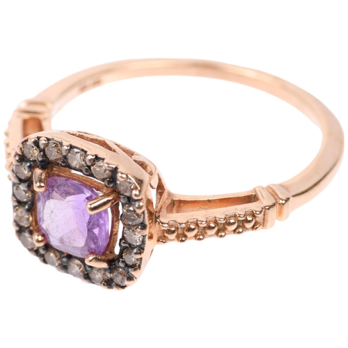 1291 - A modern 9ct rose gold amethyst and diamond halo cluster ring, setting height 9.2mm, size M, 2.2g