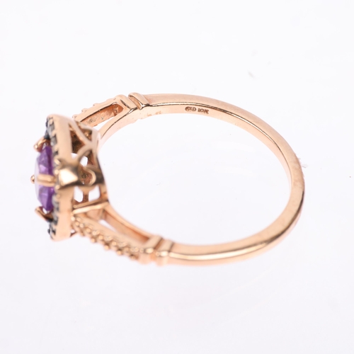 1291 - A modern 9ct rose gold amethyst and diamond halo cluster ring, setting height 9.2mm, size M, 2.2g