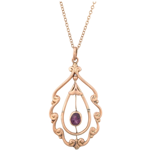 1292 - An Edwardian 9ct rose gold amethyst openwork pendant necklace, on gold filled fine link chain, penda... 