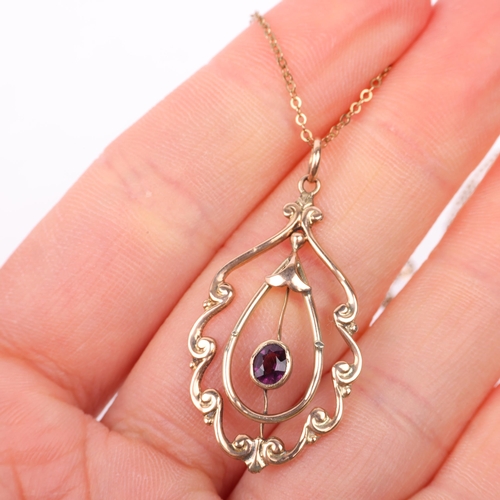 1292 - An Edwardian 9ct rose gold amethyst openwork pendant necklace, on gold filled fine link chain, penda... 