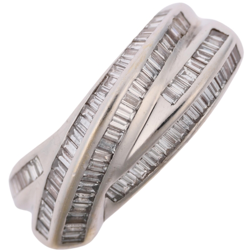 1295 - A Continental 18ct white gold diamond crossover band ring, ridge set with baguette-cut diamonds, by ... 