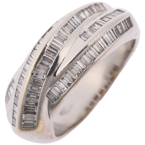 1295 - A Continental 18ct white gold diamond crossover band ring, ridge set with baguette-cut diamonds, by ... 