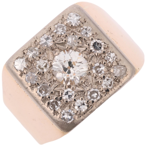 1296 - A large 18ct gold diamond panel signet ring, pave set with old European and eight-cut diamonds, tota... 