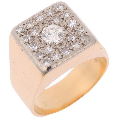 1296 - A large 18ct gold diamond panel signet ring, pave set with old European and eight-cut diamonds, tota... 