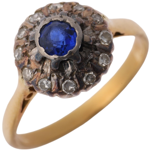 1302 - A late 20th century sapphire and diamond flowerhead cluster ring, set with round-cut sapphire and ei... 