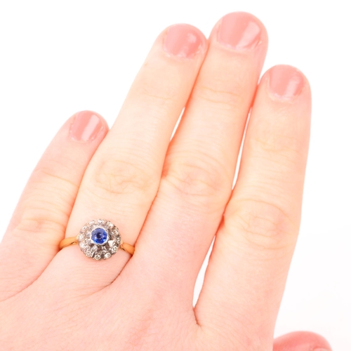 1302 - A late 20th century sapphire and diamond flowerhead cluster ring, set with round-cut sapphire and ei... 