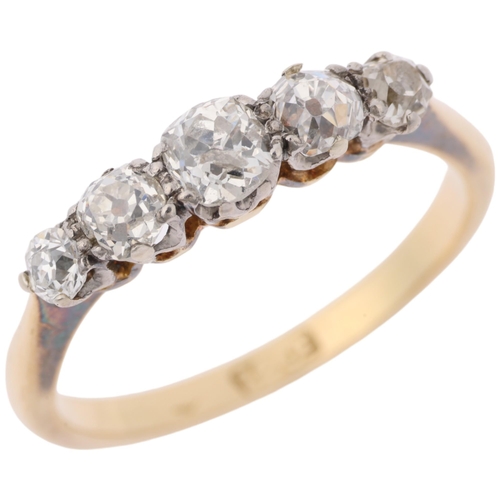 1303 - An early 20th century 18ct gold graduated five stone diamond half hoop ring, set with old-cut diamon... 