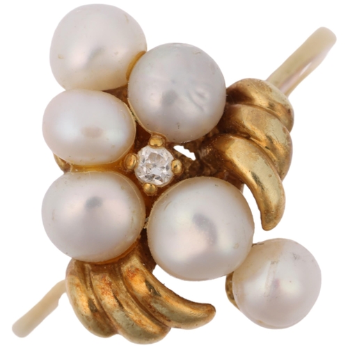 1307 - A late 20th century 14ct gold cultured pearl and diamond dress ring, setting height 16.8mm, size P, ... 