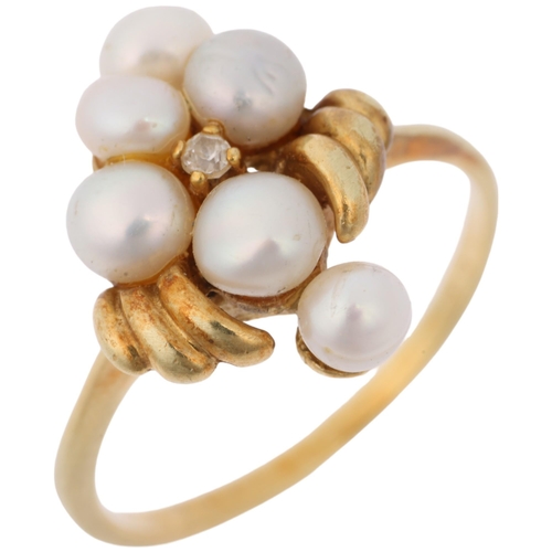 1307 - A late 20th century 14ct gold cultured pearl and diamond dress ring, setting height 16.8mm, size P, ... 