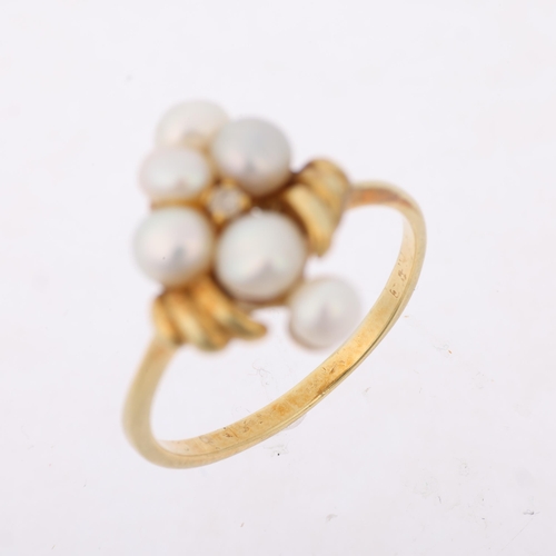 1307 - A late 20th century 14ct gold cultured pearl and diamond dress ring, setting height 16.8mm, size P, ... 