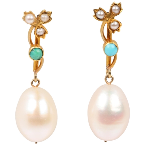 1308 - A pair of Victorian whole pearl and turquoise floral drop earrings, with stud fittings, apparently u... 