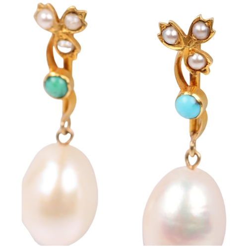 1308 - A pair of Victorian whole pearl and turquoise floral drop earrings, with stud fittings, apparently u... 