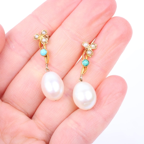 1308 - A pair of Victorian whole pearl and turquoise floral drop earrings, with stud fittings, apparently u... 