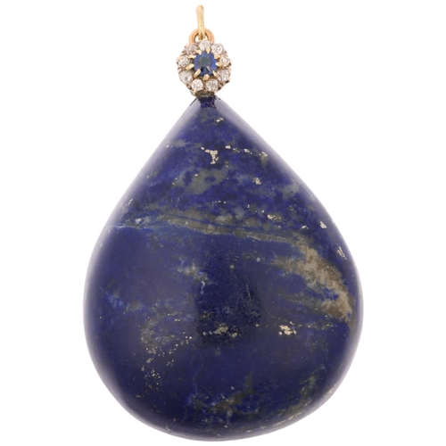 1310 - A large Vintage lapis lazuli sapphire and diamond flowerhead cluster pendant, set with pear cabochon... 