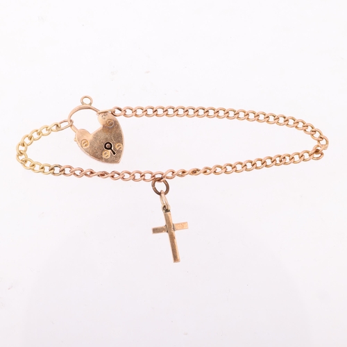 1311 - An early 20th century 9ct gold curb link chain bracelet, with unmarked gold cross charm and 9ct hear... 