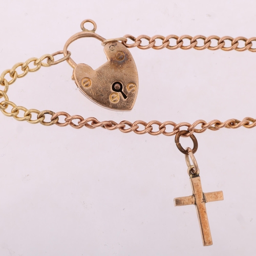 1311 - An early 20th century 9ct gold curb link chain bracelet, with unmarked gold cross charm and 9ct hear... 