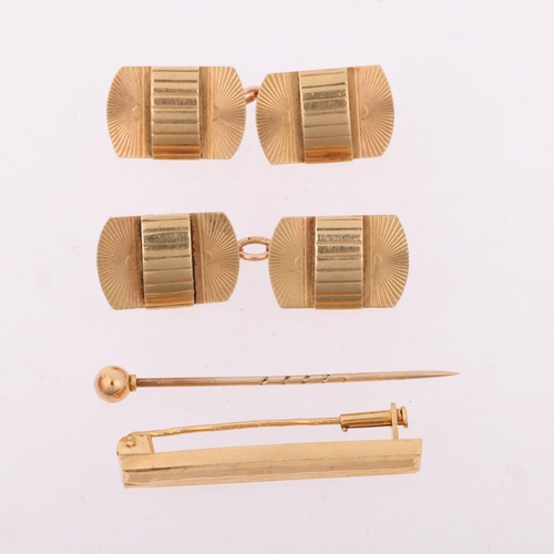 1312 - An Art Deco style 9ct gold matched dress set, comprising cufflinks, brooch and stickpin, cufflinks 1... 