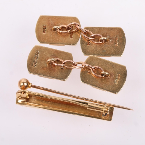 1312 - An Art Deco style 9ct gold matched dress set, comprising cufflinks, brooch and stickpin, cufflinks 1... 