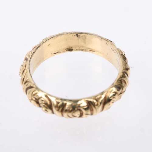 1318 - A 19th century foliate wedding band ring, apparently unmarked, band width 5.6mm, size R, 3.4g